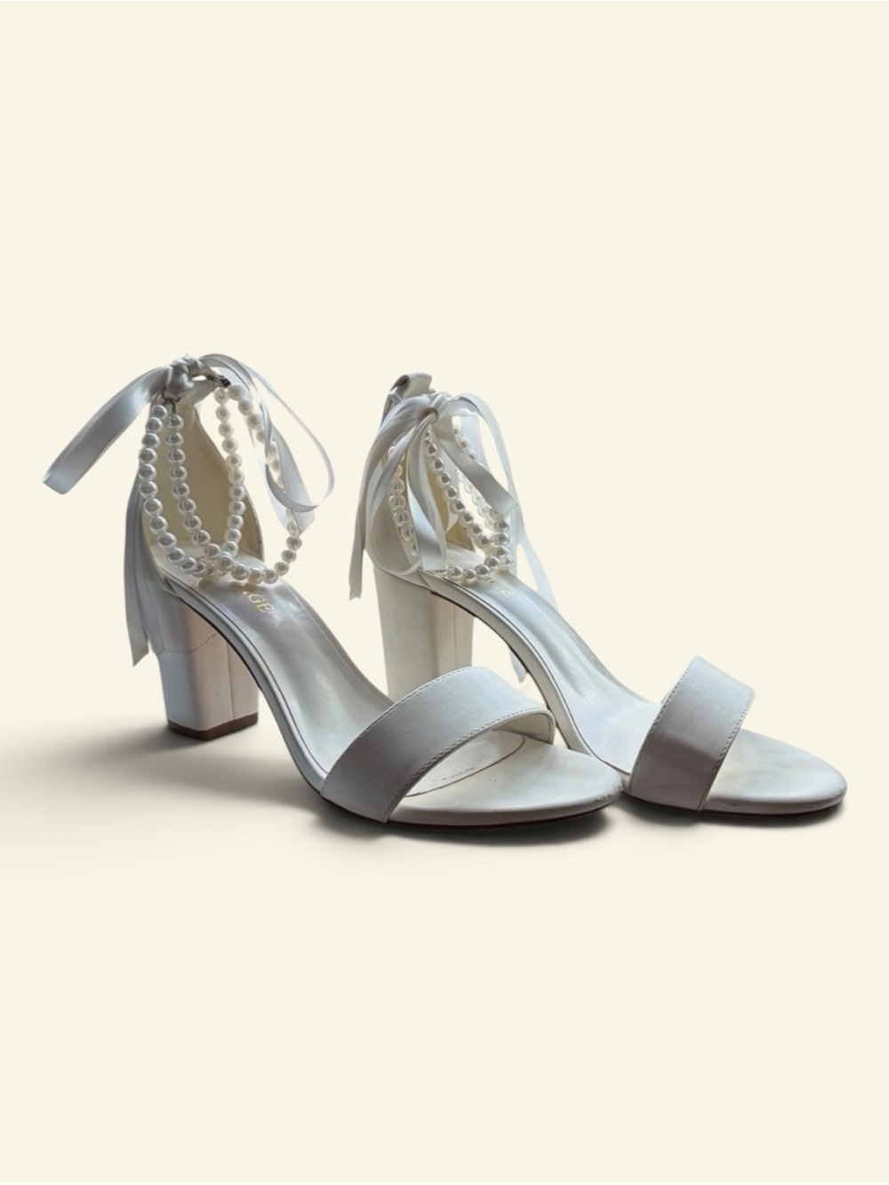 YWXYMGE White Block Heel Sandals Pearl Ankle Strap Ribbon Wedding Bridal Sz 8.5